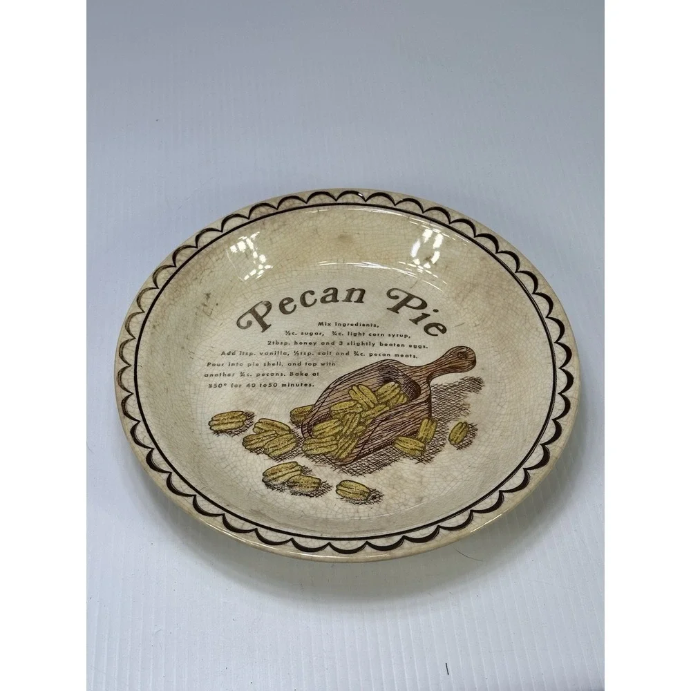 Vintage Ceramic Pecan Pie Dish Plate Recipe Brown White Grandmacore Cottagecore
